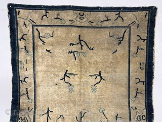 Old Chinese rug with an unusual and spacious field and border design. I have never had or seen this interesting design. No idea of the possible symbolism or is this just an  ...