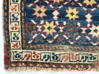 Antique large bagface, probably northwest Persian Kurdish, with an unusual star filled lattice. I like the “clover” border. Overall fair condition with some wear and oxidized blacks. All natural colors. As found,  ...