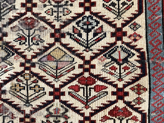 Small antique ivory ground shirvan prayer rug. Appears to have some corroded magenta silk highlights. Reasonably fine weave. Overall fair condition with low pile and scattered small spots of light wear as  ...