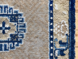 Early Chinese square. Soft wool and floppy old handle. Low pile and some oxidation. Ends unraveling. Ex R. Newman. Reasonably clean. Ca. 1800  24” x 27”      
