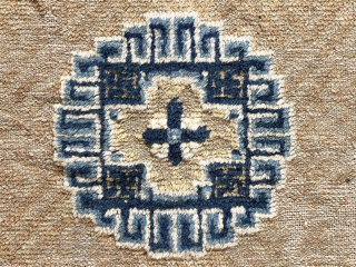 Early Chinese square. Soft wool and floppy old handle. Low pile and some oxidation. Ends unraveling. Ex R. Newman. Reasonably clean. Ca. 1800  24” x 27”      
