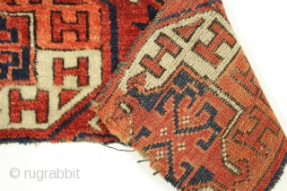 Antique turkoman large "coaster" size fragment. Full pile. Good colors. Not restorable. app. 8" x 25"
                 