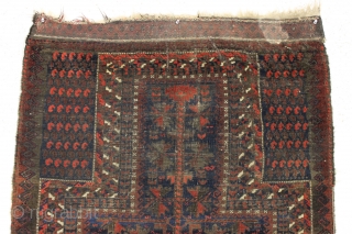 Antique baluch prayer rug. Incredibly dirty but quite interesting with some unusual design features. Appears to have excellent color under all that grime. Anyone enjoy washing? ca. 1880 or earlier. 3'x 4'9" 