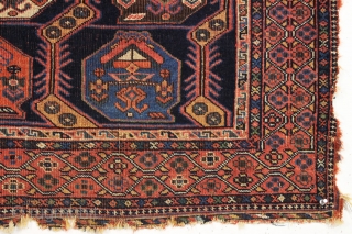 Antique afshar bagface with iconic field design but a very unusual border. All natural colors. Allover even low pile. Edges rough as found. Washed but no repairs. Interesting 19th c. weaving. 24"  ...