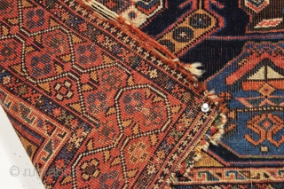 Antique afshar bagface with iconic field design but a very unusual border. All natural colors. Allover even low pile. Edges rough as found. Washed but no repairs. Interesting 19th c. weaving. 24"  ...