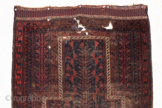 antique baluch prayer rug, probably timuri. Older example with unusual blue ground and extemely fine and beautiful kelim ends. Very abused with heavy wear and holes as shown. Priced accordingly. All natural  ...