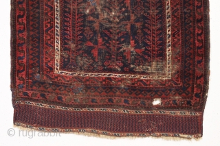 antique baluch prayer rug, probably timuri. Older example with unusual blue ground and extemely fine and beautiful kelim ends. Very abused with heavy wear and holes as shown. Priced accordingly. All natural  ...