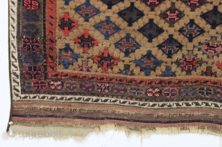 antique baluch rug. Sparkly rug symmetrically knotted with real greens, saturated reds, and pretty light blues. Eye catching unusual design and highest quality wool. Overall very good condition, clean, with soft blanket  ...