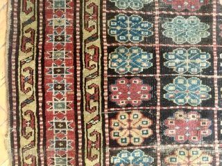 Antique rug. Unusual design. Northwest Persian? Caucasian? Mystery? Restorable. With wear and edge roughness as shown. Priced accordingly. Late 19th c. 4'3" x 8'6"         