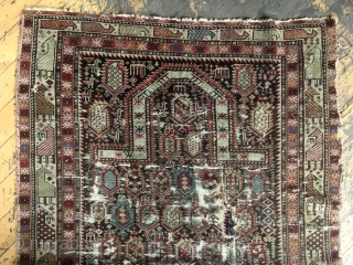 Antique Caucasian shirvan marasali prayer rug. Iconic border. Genuine example in very dirty, very abused condition. Obvious heavy wear and scattered damage as shown. Not restorable. Priced accordingly. 19th c. 3'6" x  ...