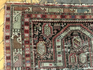 Antique Caucasian shirvan marasali prayer rug. Iconic border. Genuine example in very dirty, very abused condition. Obvious heavy wear and scattered damage as shown. Not restorable. Priced accordingly. 19th c. 3'6" x  ...