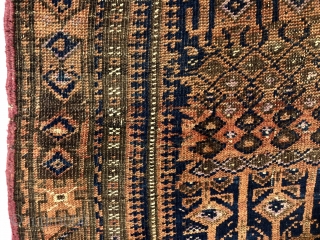 Antique Baluch rug with an interesting and probably unique design. The weaver went beyond free drawing to uber free drawing with three pieces completely different field designs on one rug. One could  ...