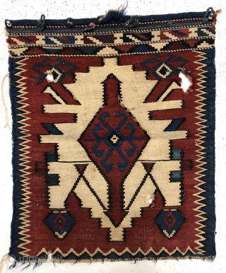 Antique flat woven bagface or panel with a bold uncommon design. Kuba? Avar? Whatever it is, the kuba kelim like medallion is quite eye catching. As found, very dirty with several small  ...