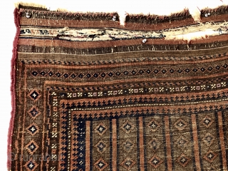 Antique Baluch rug with an interesting and probably unique design. The weaver went beyond free drawing to uber free drawing with three pieces completely different field designs on one rug. One could  ...