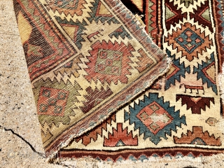 Antique Persian tribal rug, possibly shahsavan, with an interesting field paired with an outstanding dramatic border. Mostly good pile, (rug weighs about 15 lbs.) some wear as shown. As found, dirty with  ...