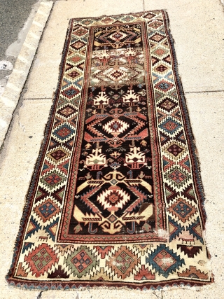 Antique Persian tribal rug, possibly shahsavan, with an interesting field paired with an outstanding dramatic border. Mostly good pile, (rug weighs about 15 lbs.) some wear as shown. As found, dirty with  ...