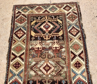 Antique Persian tribal rug, possibly shahsavan, with an interesting field paired with an outstanding dramatic border. Mostly good pile, (rug weighs about 15 lbs.) some wear as shown. As found, dirty with  ...