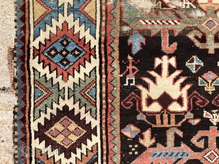 Antique Persian tribal rug, possibly shahsavan, with an interesting field paired with an outstanding dramatic border. Mostly good pile, (rug weighs about 15 lbs.) some wear as shown. As found, dirty with  ...