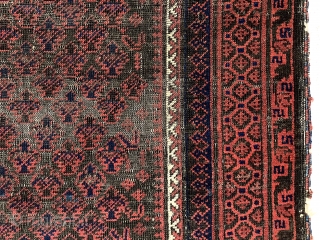 Antique Baluch prayer rug. Uncommon and interesting doktar I ghazi design. Overall fair condition for an older example. All good natural colors featuring lots of nice light blues. Decent even low pile  ...