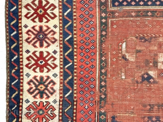 Antique small prayer rug with an unusual design. Presumably Caucasian Kazak but not like any I have had. Quite an eye catching field design but also a notable main border as well.  ...