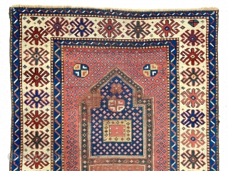 Antique small prayer rug with an unusual design. Presumably Caucasian Kazak but not like any I have had. Quite an eye catching field design but also a notable main border as well.  ...