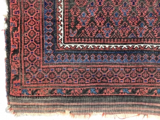 Antique Baluch prayer rug. Uncommon and interesting doktar I ghazi design. Overall fair condition for an older example. All good natural colors featuring lots of nice light blues. Decent even low pile  ...