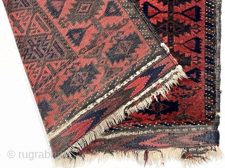 Antique little Baluch rug with an attractive uncommon border. Classic tile design field. All natural color featuring a deep rich red. Nice kelim ends. Wear and creases as shown. Substantial black oxidation.  ...