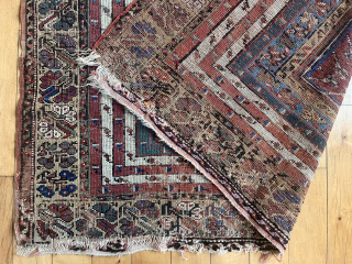 Early Turkish mudjar prayer rug. First rate drawing but very rough condition. Heavy wear, edge roughness, crude repairs as shown. On my wall for many years. Mid 19th c. 48” x 60”
BO 