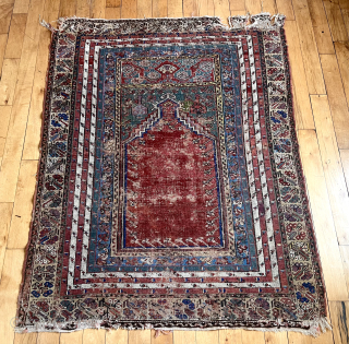 Early Turkish mudjar prayer rug. First rate drawing but very rough condition. Heavy wear, edge roughness, crude repairs as shown. On my wall for many years. Mid 19th c. 48” x 60”
BO 