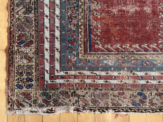 Early Turkish mudjar prayer rug. First rate drawing but very rough condition. Heavy wear, edge roughness, crude repairs as shown. On my wall for many years. Mid 19th c. 48” x 60”
BO 