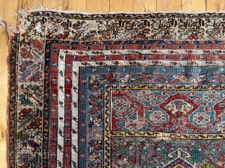 Early Turkish mudjar prayer rug. First rate drawing but very rough condition. Heavy wear, edge roughness, crude repairs as shown. On my wall for many years. Mid 19th c. 48” x 60”
BO 