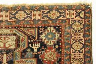 Antique caucasian kuba prayer rug. Rare type. Kufic border. Inscribed and dated? All good natural colors. No chemical dyes. Rough condition with very low pile and slight damage as shown. Recent wash.  ...