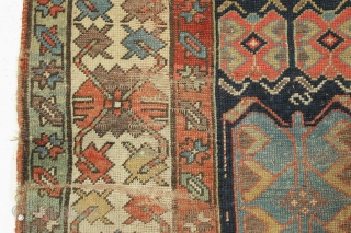 Antique long rug. Northwest persian? Small band of white cotton pile across the field shown in pic. Offered "as found", very very dirty with low pile,  wear, tears. patches, etc. Appears  ...