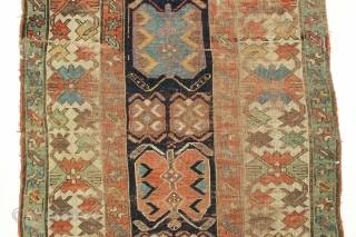 Antique long rug. Northwest persian? Small band of white cotton pile across the field shown in pic. Offered "as found", very very dirty with low pile,  wear, tears. patches, etc. Appears  ...