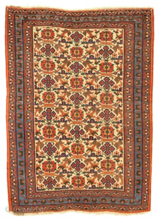 Antique ivory ground Afshar rug. Very nice design. Allover good even low pile with moderate brown oxidation. All wool. All natural colors. No repairs. Recent wash. Good age, 19th c. weaving. 4'5"  ...