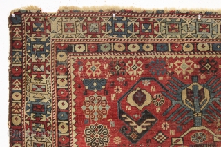 antique caucasian rug, probably shirvan. Local fresh find. Older variant of a well known design. The numerous endless knots are an interesting addition to the archaic main floral devices. "as found", very  ...