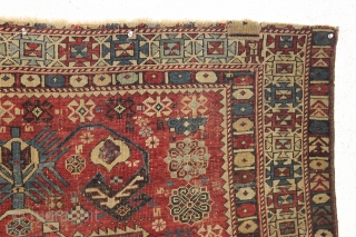 antique caucasian rug, probably shirvan. Local fresh find. Older variant of a well known design. The numerous endless knots are an interesting addition to the archaic main floral devices. "as found", very  ...