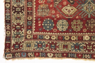 antique caucasian rug, probably shirvan. Local fresh find. Older variant of a well known design. The numerous endless knots are an interesting addition to the archaic main floral devices. "as found", very  ...