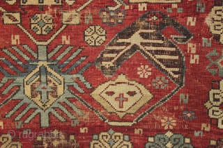 antique caucasian rug, probably shirvan. Local fresh find. Older variant of a well known design. The numerous endless knots are an interesting addition to the archaic main floral devices. "as found", very  ...
