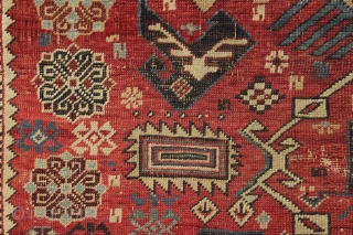 antique caucasian rug, probably shirvan. Local fresh find. Older variant of a well known design. The numerous endless knots are an interesting addition to the archaic main floral devices. "as found", very  ...
