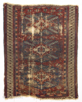 antique zejwa kuba rug. What remains of a classic kuba type rug. "as found", extremely dirty and with much wear and edge loss. Priced accordingly. Under all that dirt are good colors  ...