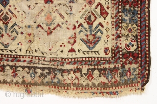 antique akstafa prayer rug. Ghost of a very early example of the type. Extraordinary  drawing and colors. Obvious heavy wear and crude old flat stitch repair and priced accordingly. Reasonably clean  ...