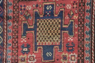 antique kazak in good condition with unusual soft coloring. Interesting example of a Kazak long rug with karachopf variant design. Nice active border. Mostly good fleecy pile. unusual soft palette with all  ...