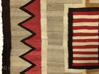 Antique small Navajo rug with a very eye catching design. Fresh New England find. Beautiful colors and soft blanket like handle. In reasonably good condition with some slight selvage roughness and a  ...