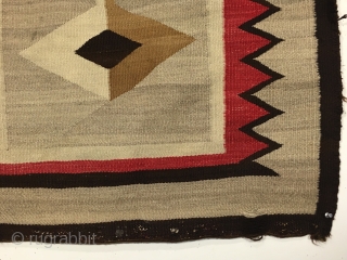 Antique small Navajo rug with a very eye catching design. Fresh New England find. Beautiful colors and soft blanket like handle. In reasonably good condition with some slight selvage roughness and a  ...