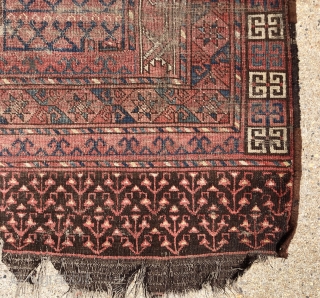 Antique ersari ensi with good age but very rough condition. Intact but very heavily worn as shown. Scattered old little flat stitch repairs. As found, very dirty and in need of a  ...