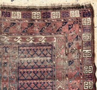 Antique ersari ensi with good age but very rough condition. Intact but very heavily worn as shown. Scattered old little flat stitch repairs. As found, very dirty and in need of a  ...