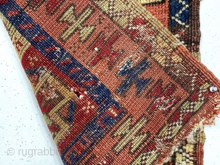 Antique Anatolian yastik. Bold drawing and vibrant natural colors. Remnant original selvages and some end kelim. Areas of wear and damage. Coarse weave. As one late colleague would say “this could be  ...