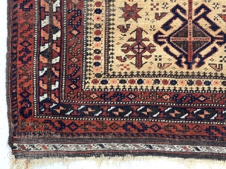 Antique little camel ground Baluch prayer rug. Delicate central tree of life with turkman style medallions. Charming zoomorphic many legged little creatures. Overall decent even low pile. Somewhat uncommon borders. Good color.  ...