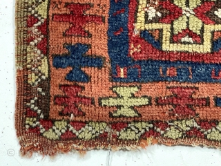 Antique Anatolian yastik. Bold drawing and vibrant natural colors. Remnant original selvages and some end kelim. Areas of wear and damage. Coarse weave. As one late colleague would say “this could be  ...